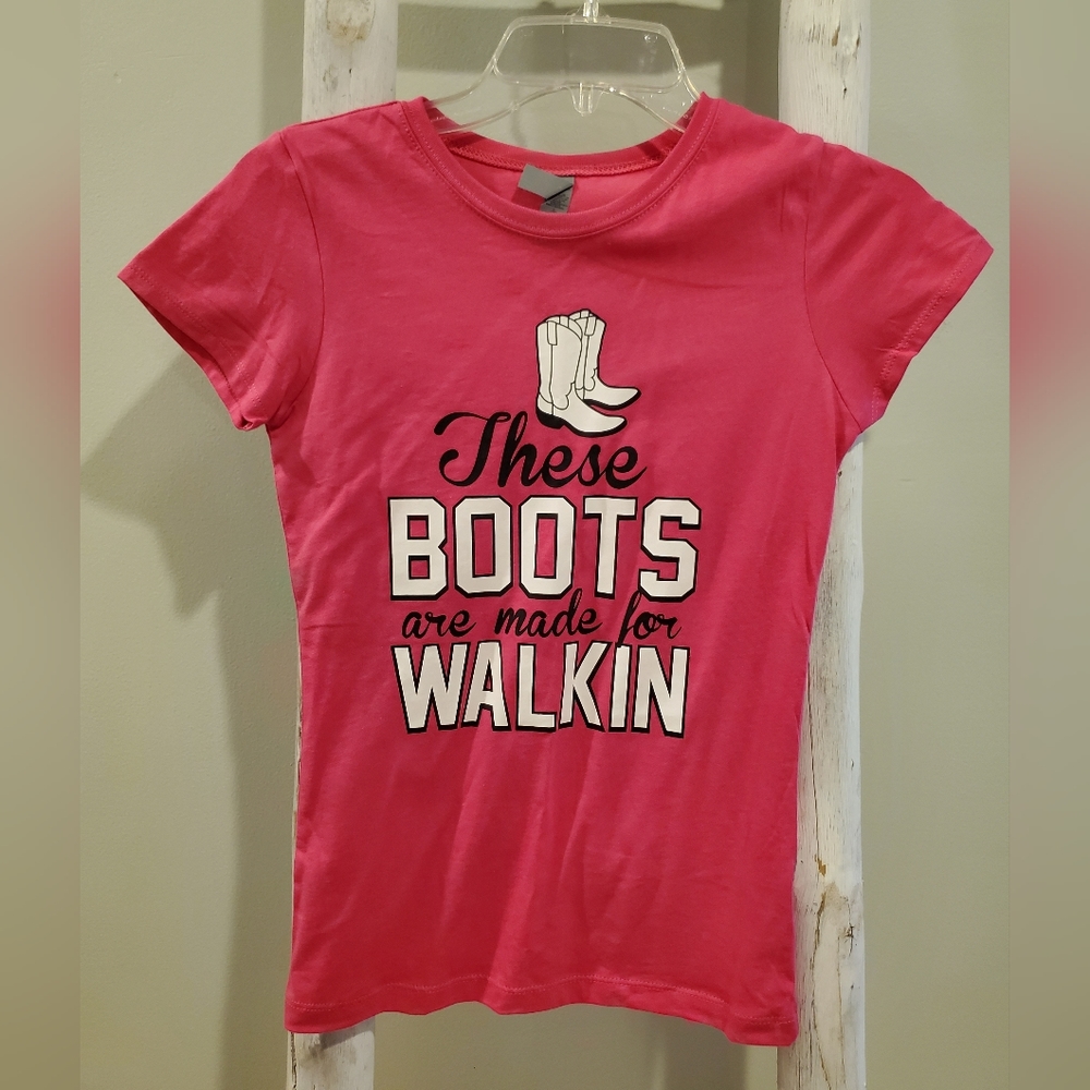 pink graphic t-shirt "These Boots Are Made for Walkin" Cowboy Boots JR. Large
